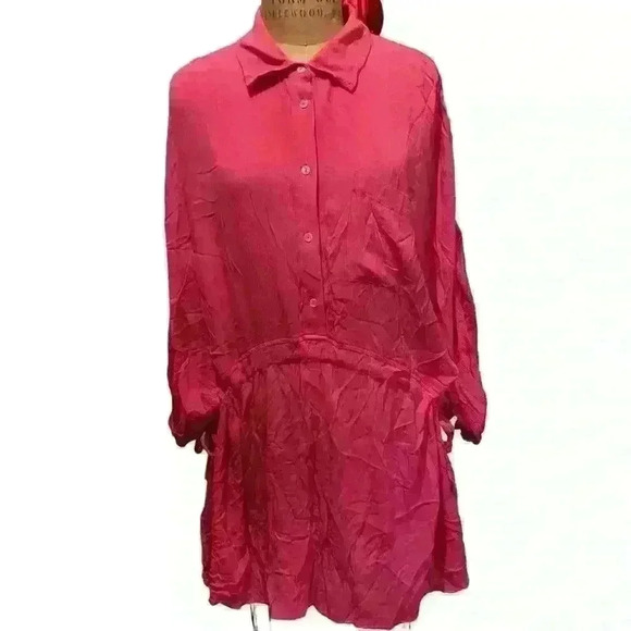 Elan Oversized 3/4 Sleeves Drawstring Tie Side Blouson Mini Dress Pink Size M - Picture 1 of 9